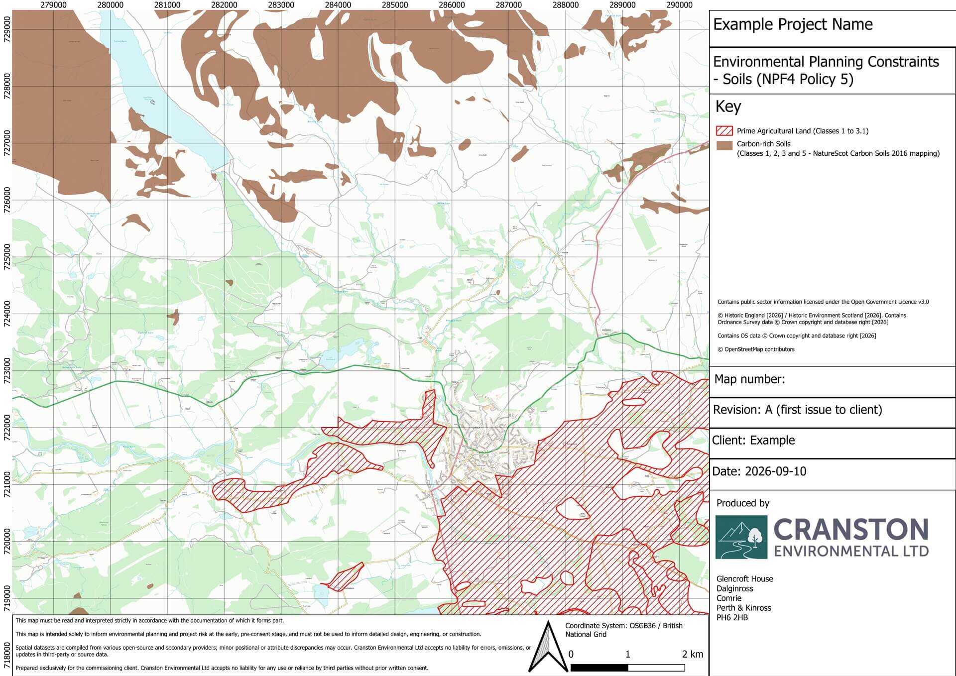 Example map showing prime agricultural land and carbon-rich soils constraints, produced under NPF4 Policy 5