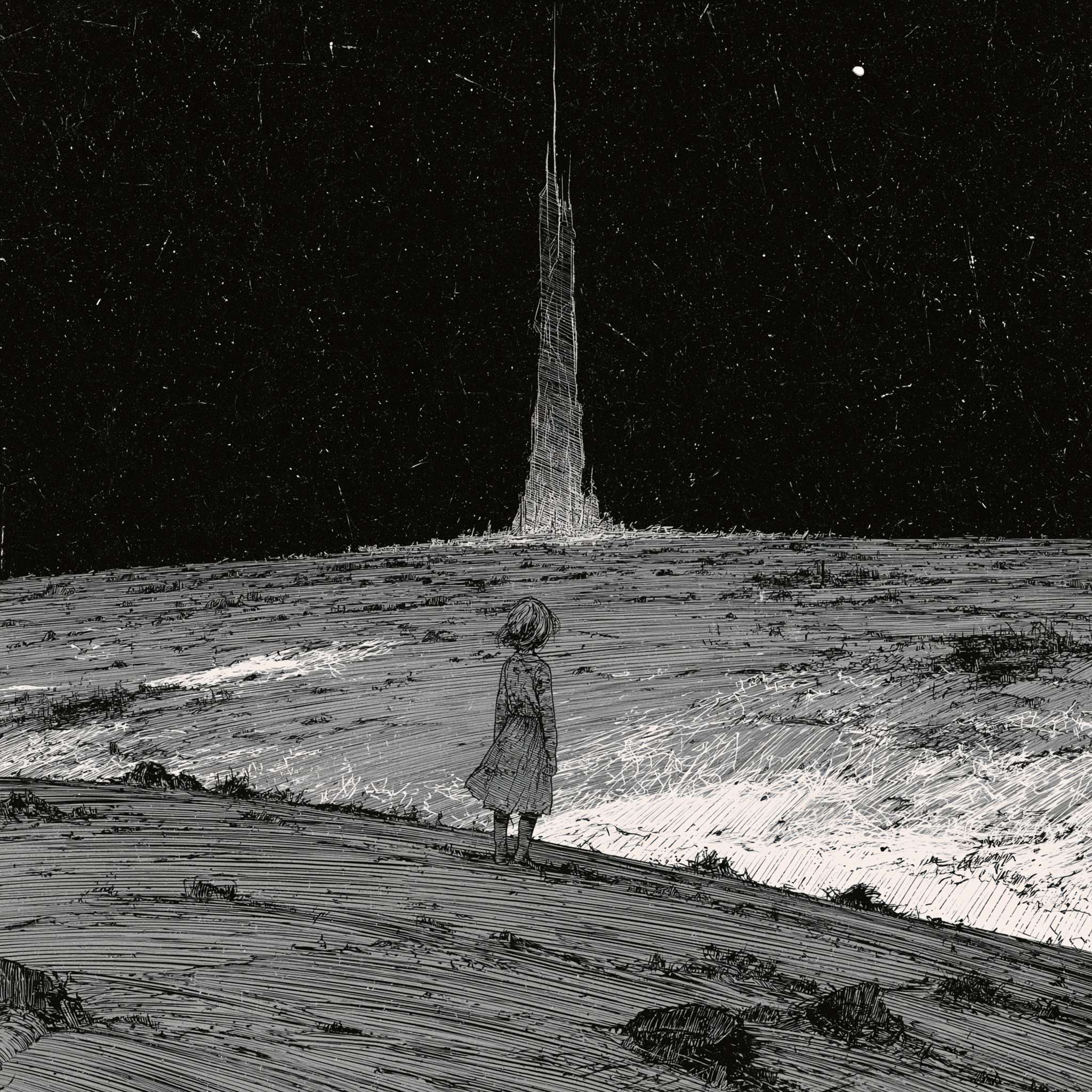 A lone child facing a distant tower across a stark open landscape