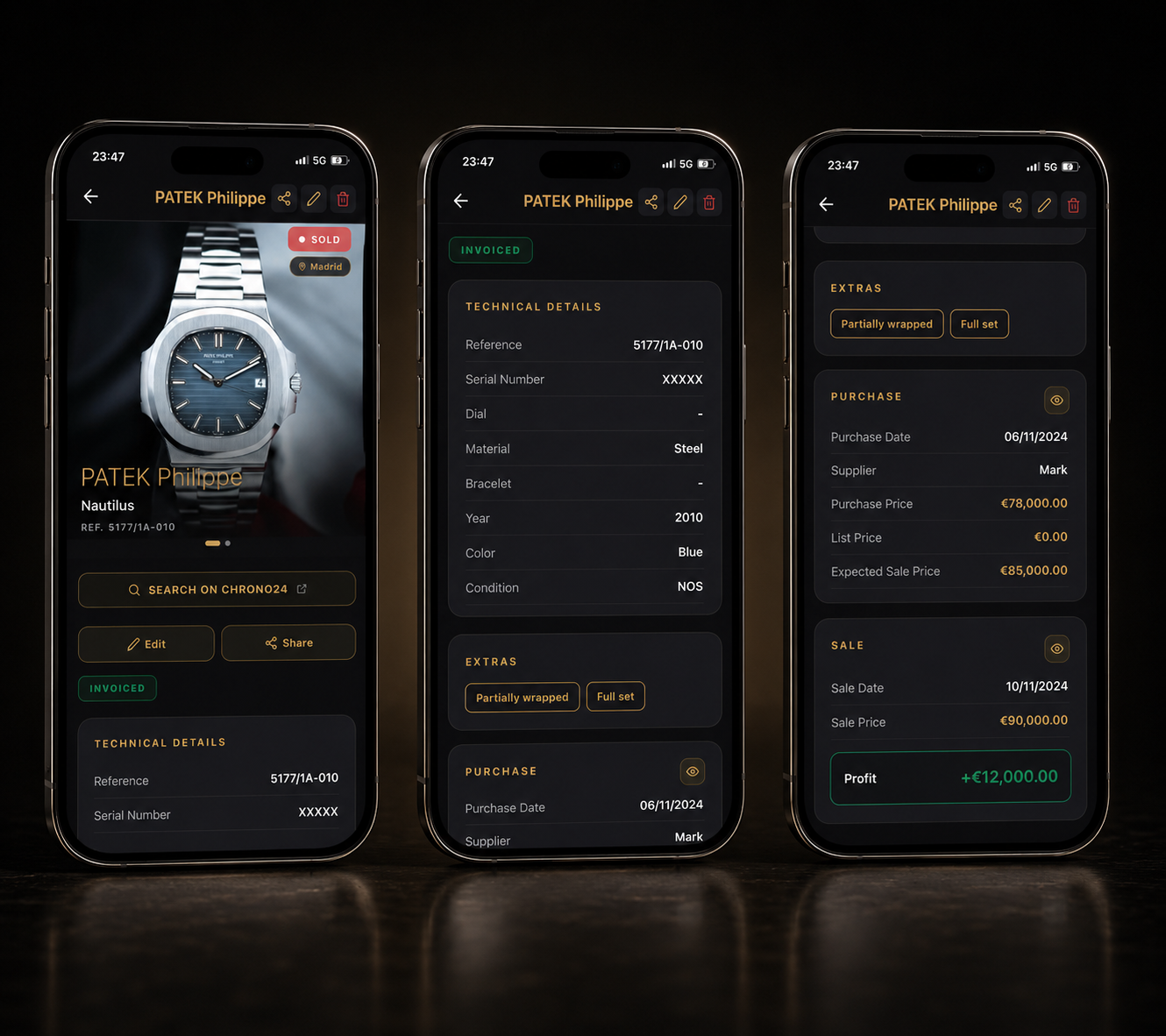 ChronoStock app showing Patek Philippe Nautilus watch details and profit tracking