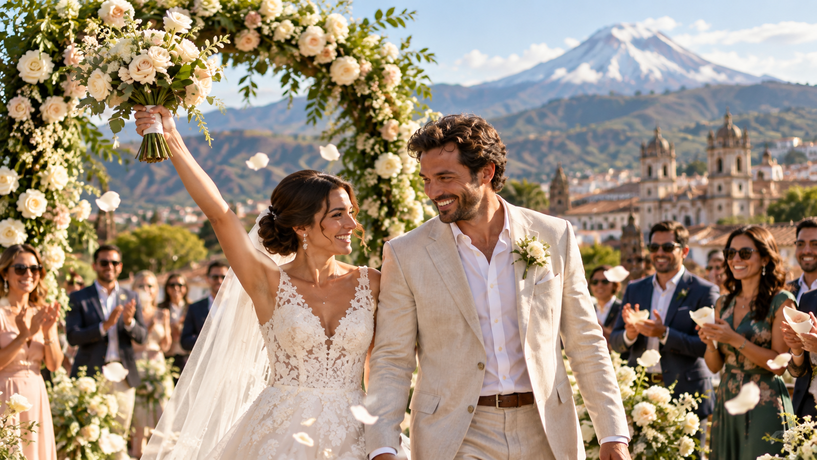 Wedding couple celebrating in Ecuador with Cotopaxi in the background