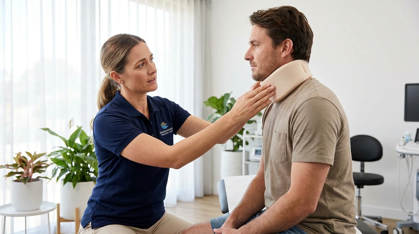 Healthcare provider examining patient for whiplash and neck injury