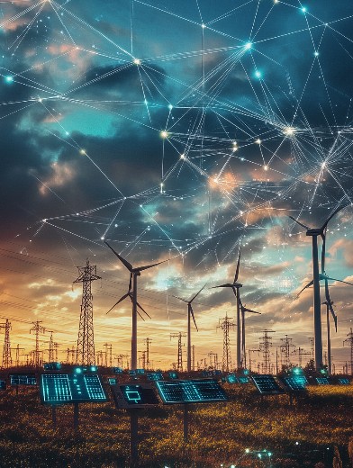Futuristic energy infrastructure with digital overlay showing cloud connectivity