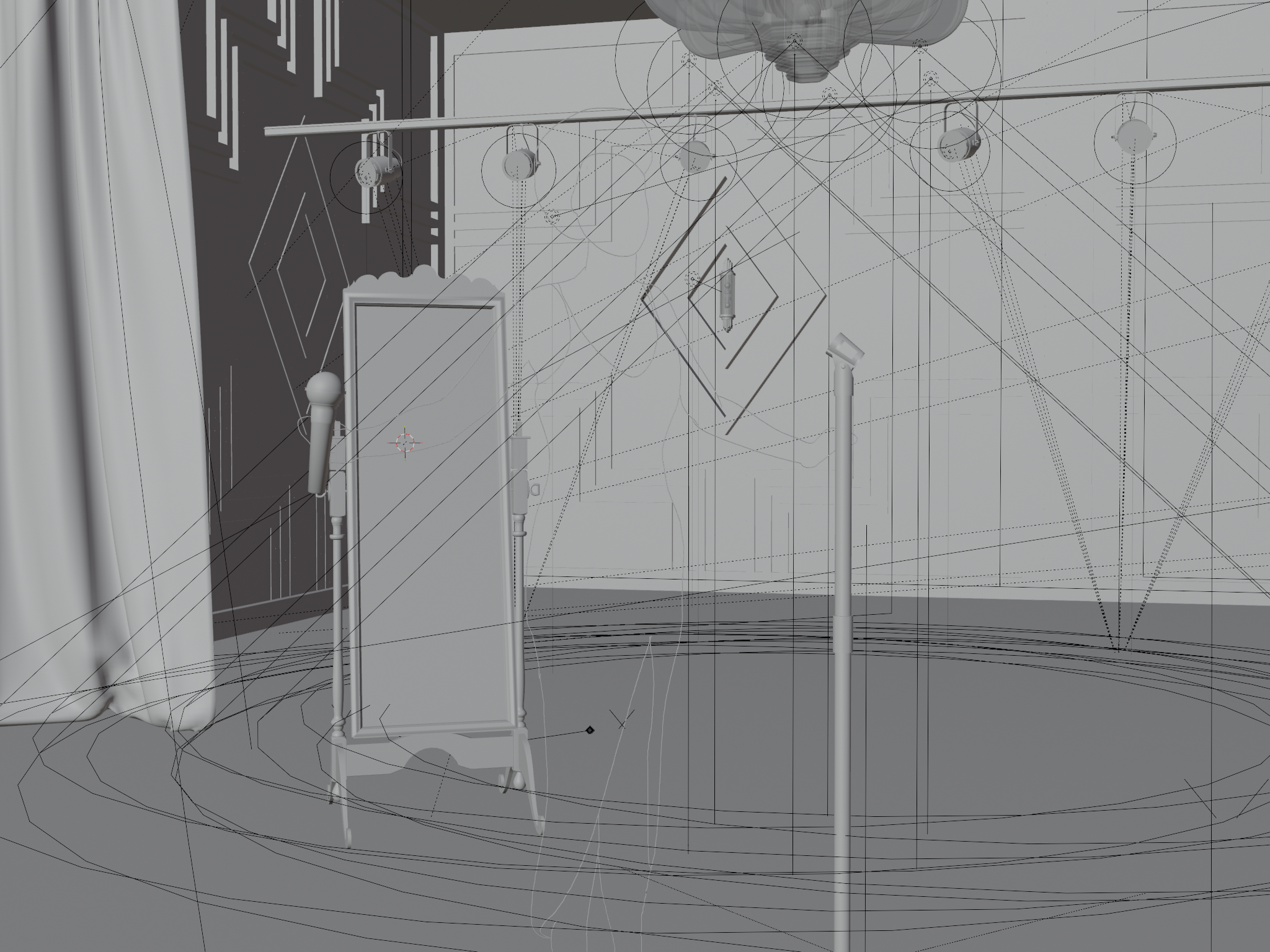 Raw Blender viewport — wireframe construction of the stage