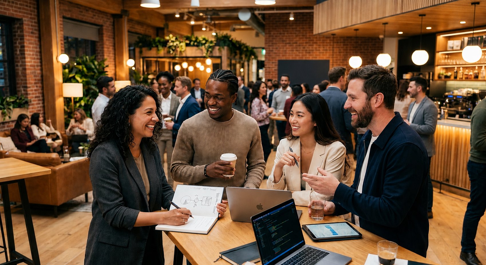 Diverse group of founders collaborating in a modern coworking space