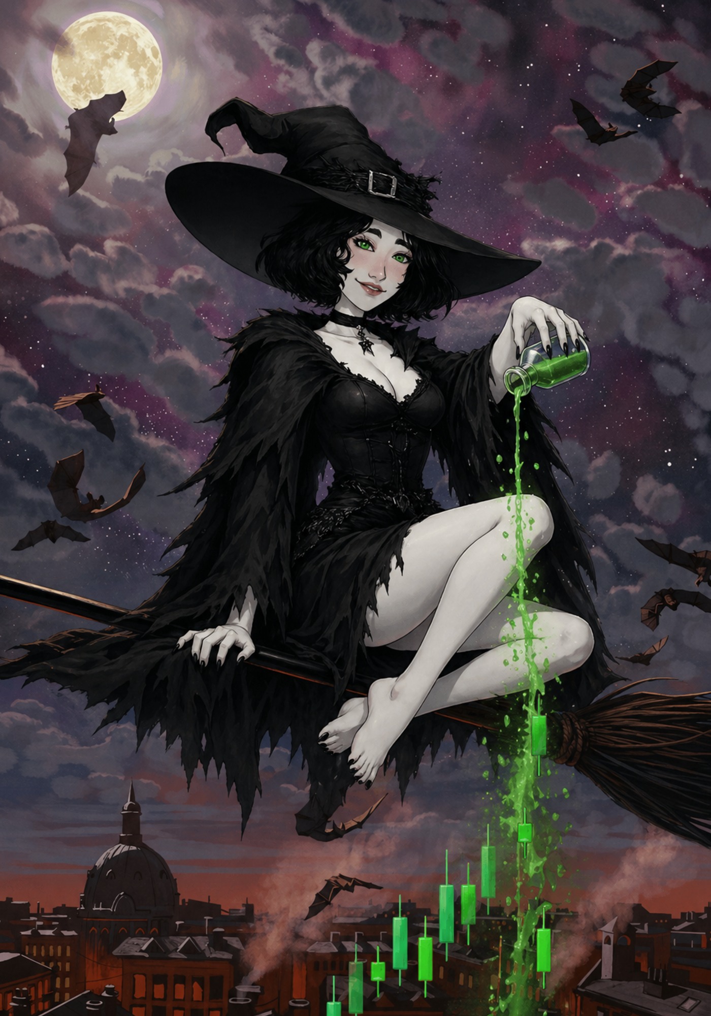 Witch pouring glowing green crypto charts over city