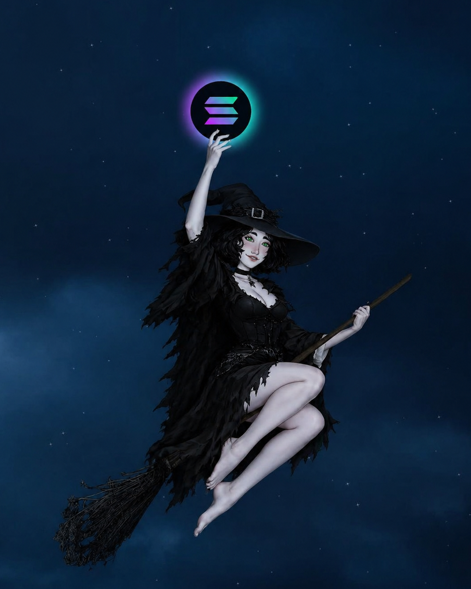 Witch holding glowing orb with crypto symbol