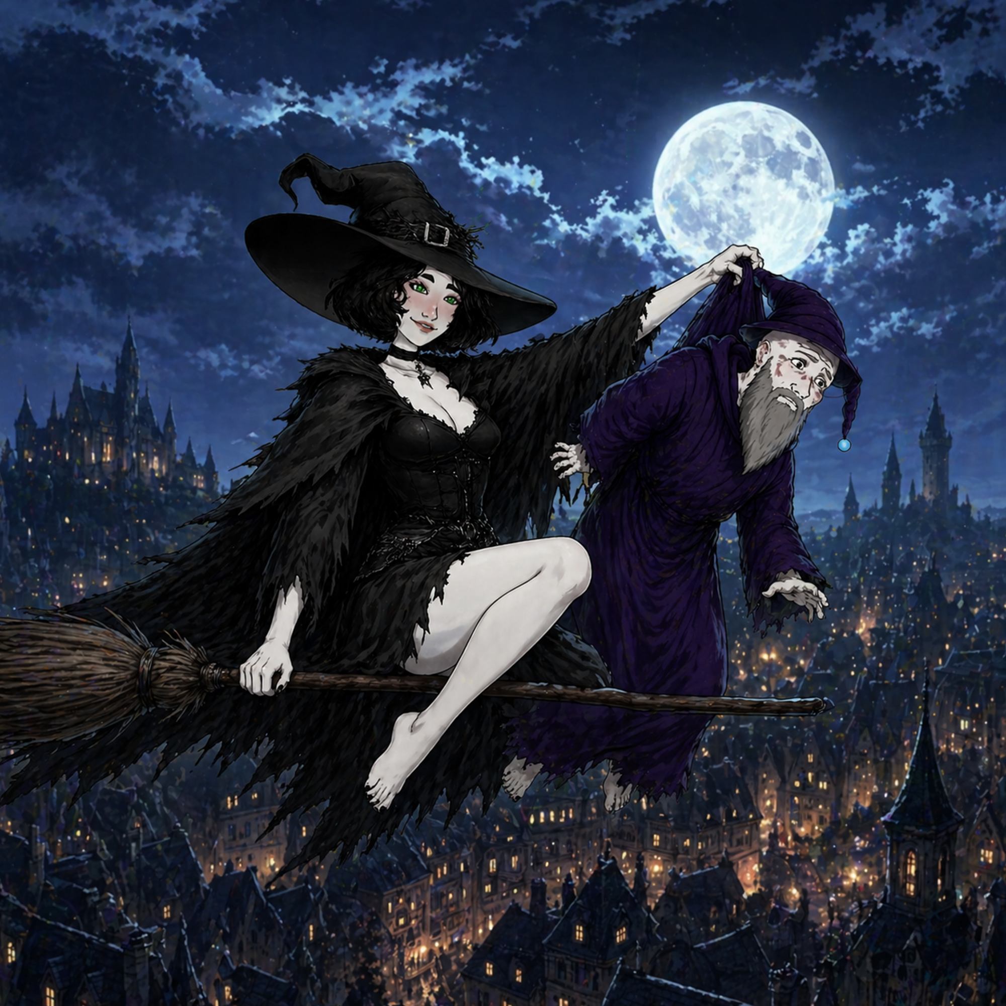 Witch flying over castle with wizard companion under full moon