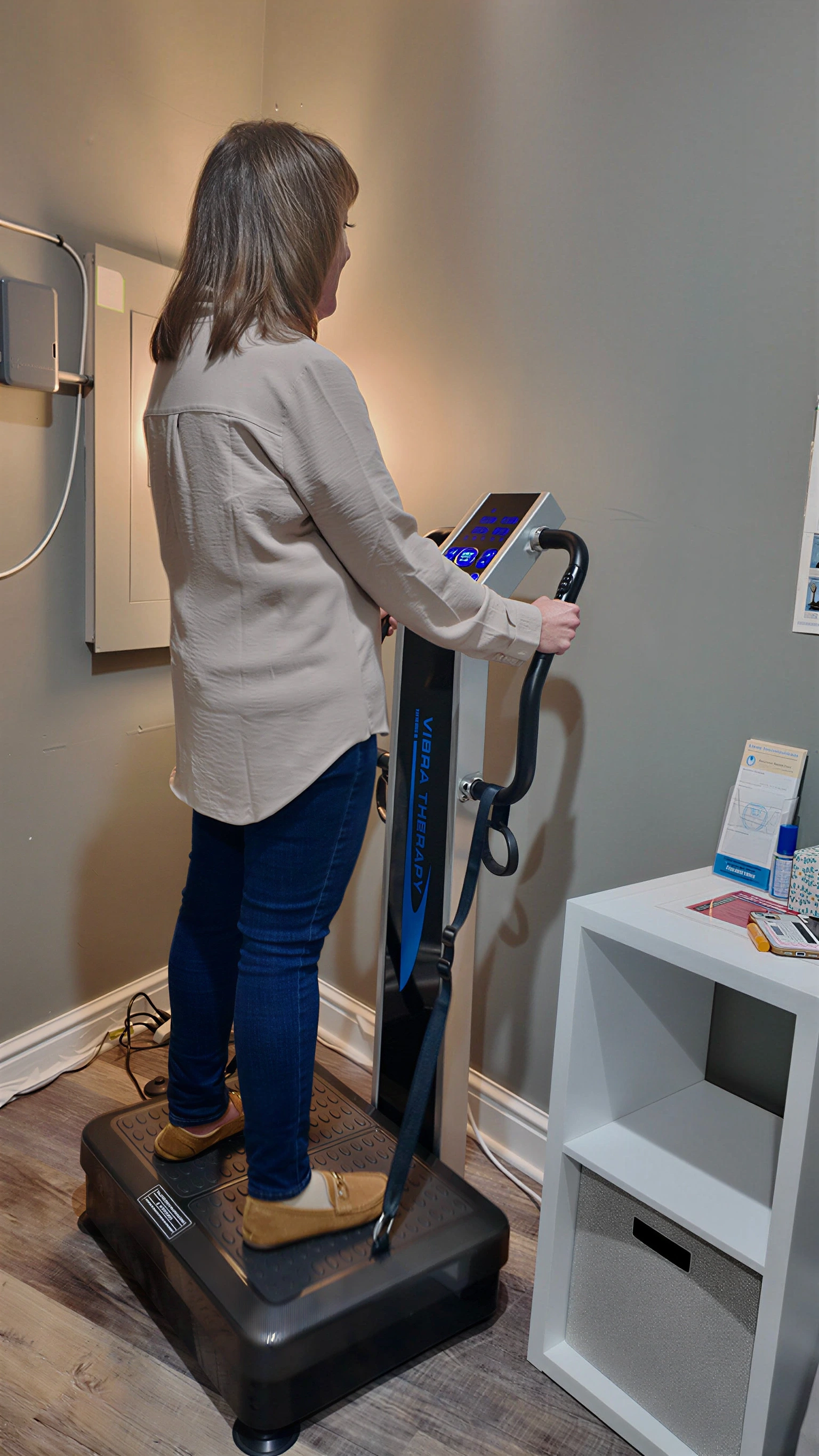 Patient standing on whole body vibration plate therapy machine