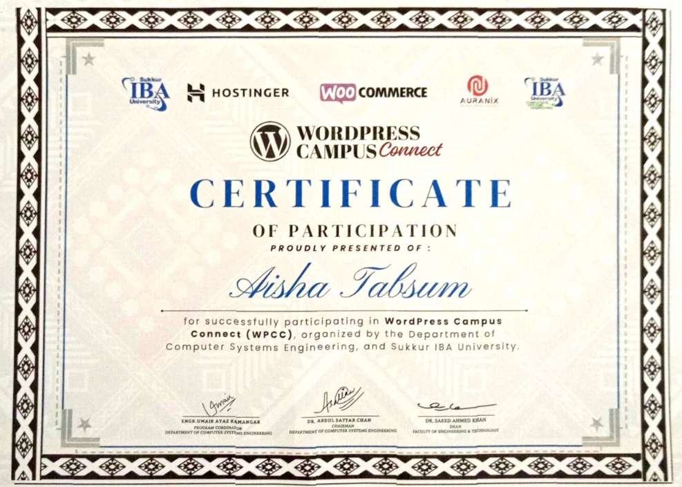 WordPress CampusConnect certificate for Aisha Tabsum