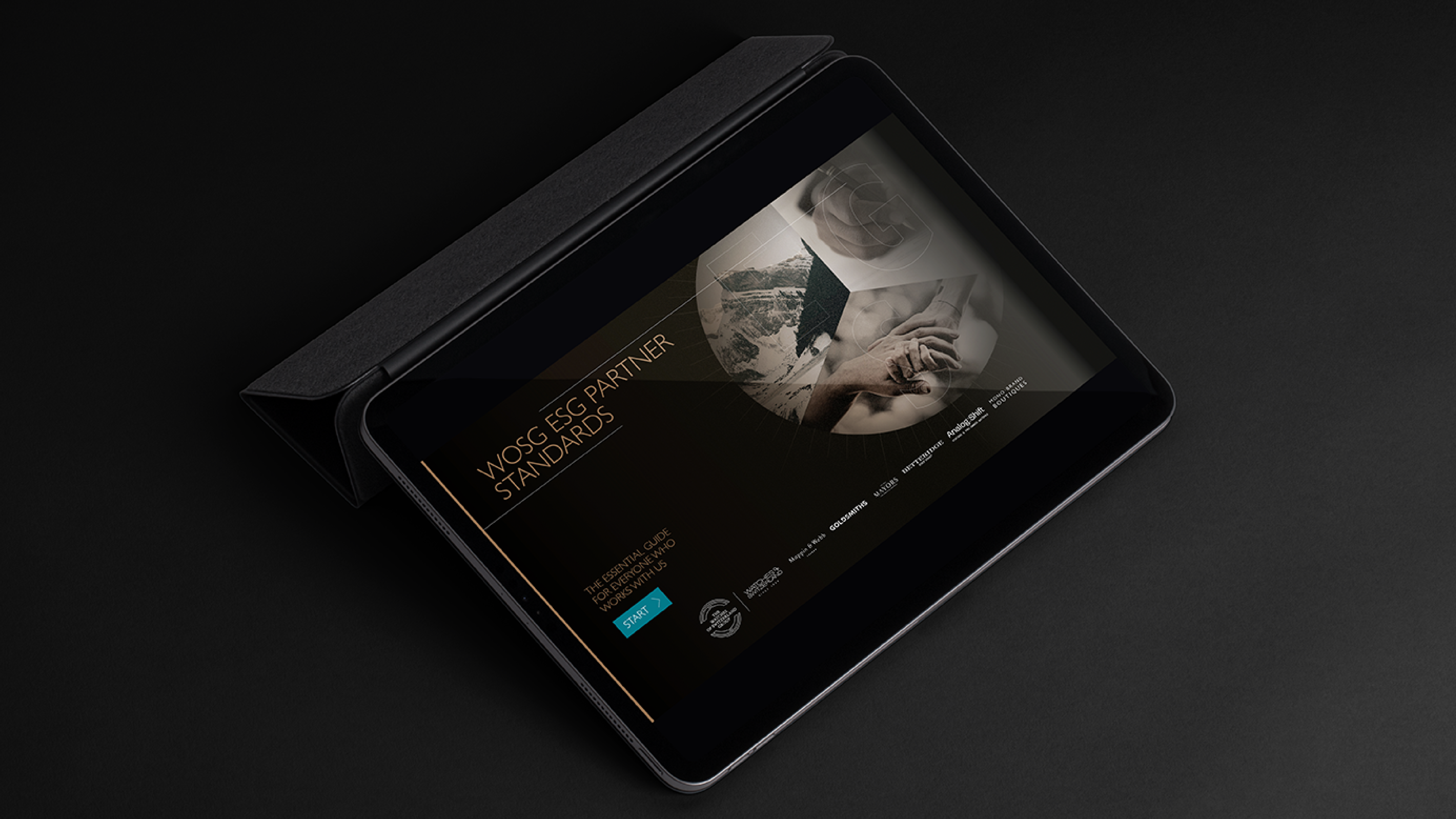 Watches of Switzerland ESG Partner Standards cover on iPad with dark folio case