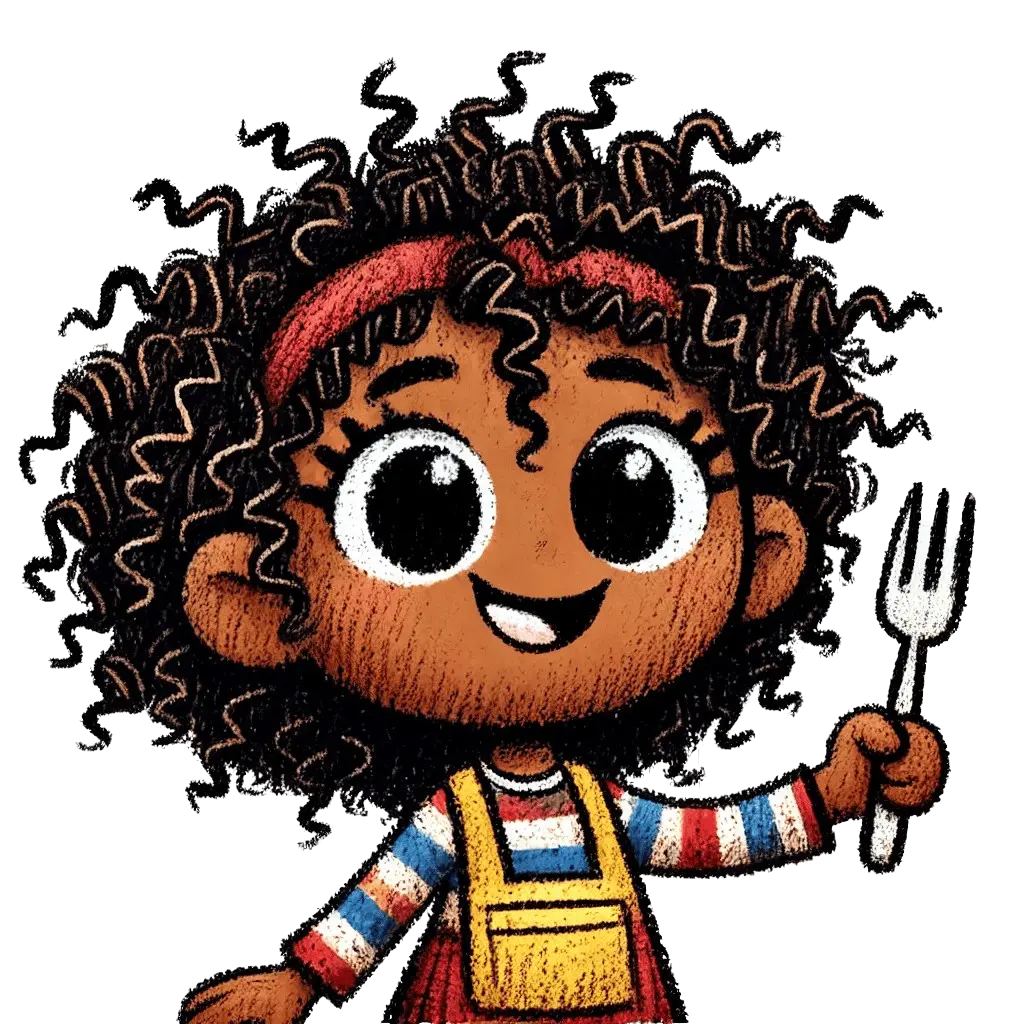 Cartoon character with curly hair wearing a striped shirt and yellow apron, holding a fork