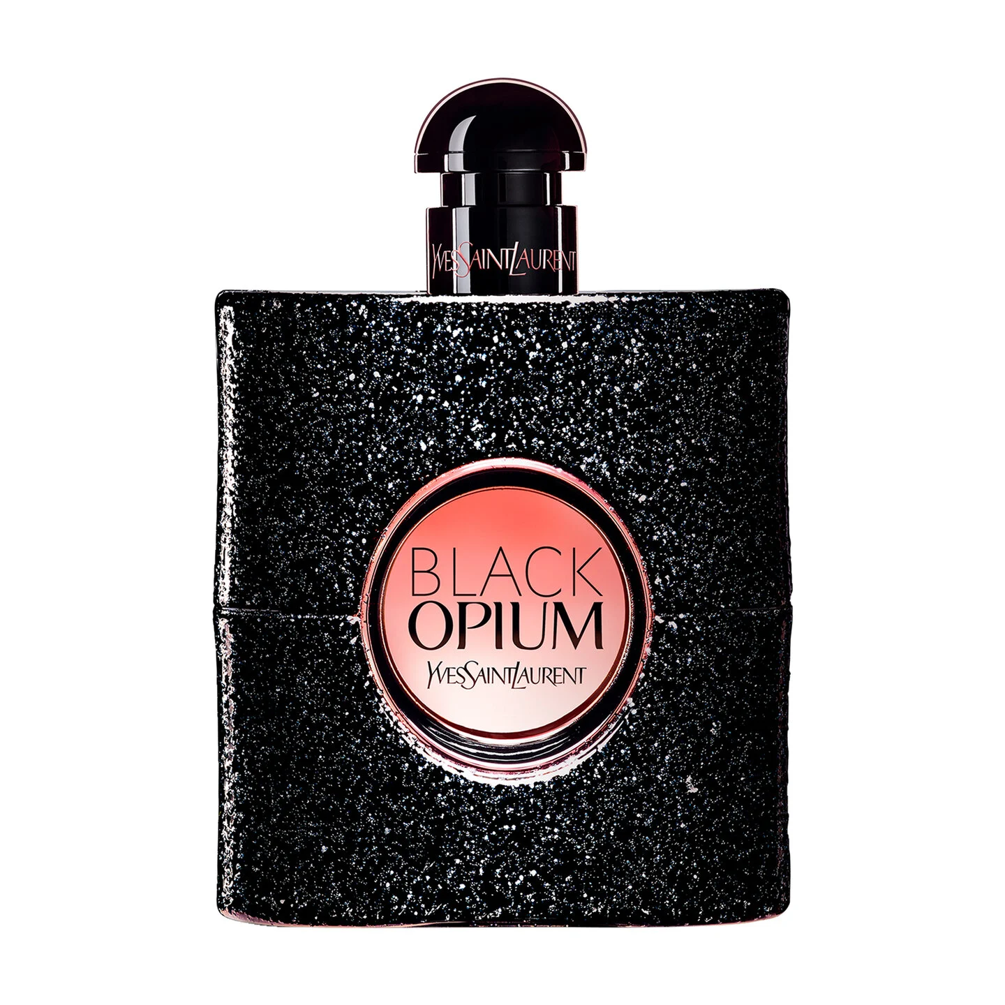 YSL Black Opium perfume bottle featuring a black glittery square design with a pink circular emblem