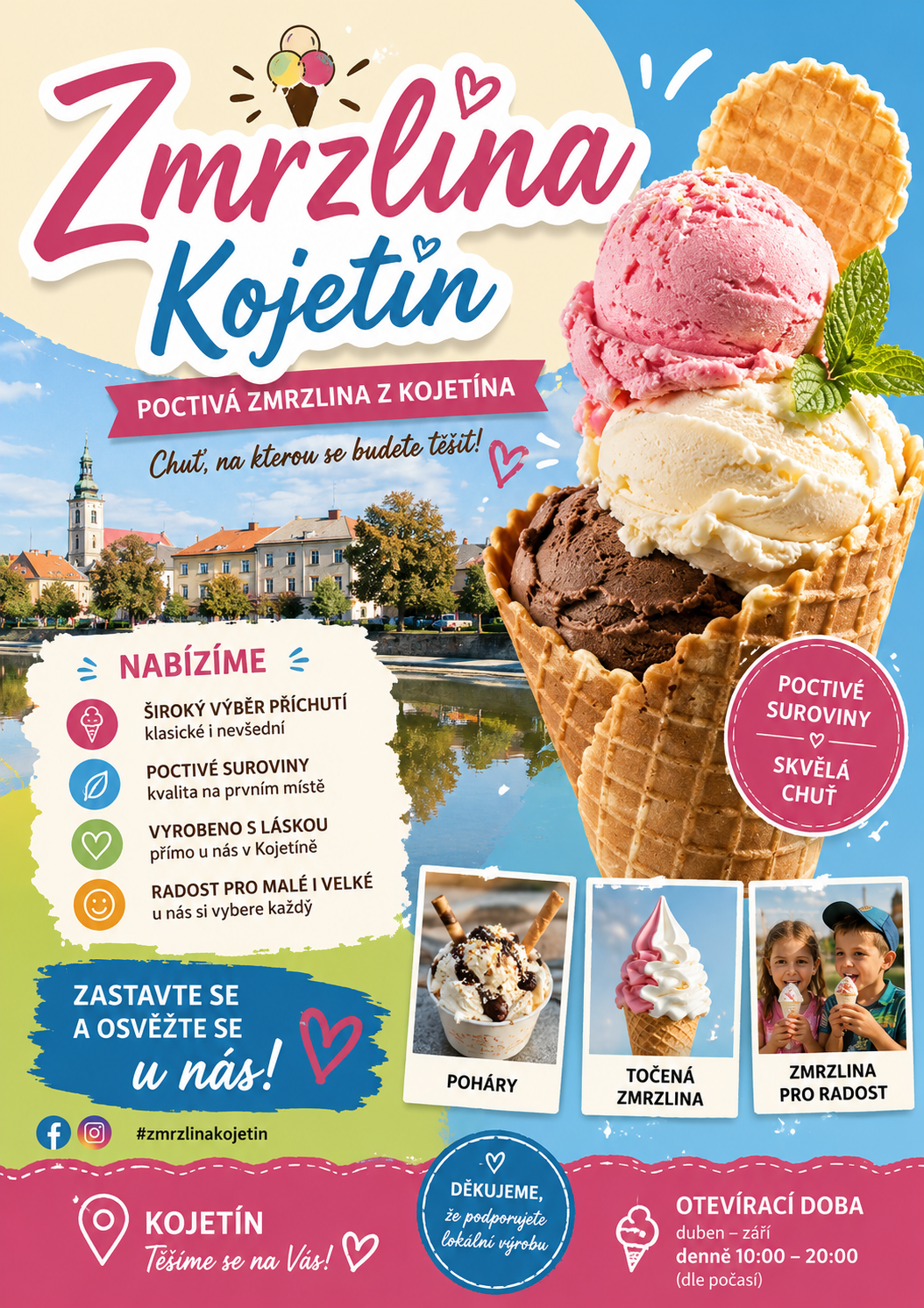 Leták Zmrzlina Kojetín — poctivá zmrzlina z Kojetína, chuť, na kterou se budete těšit