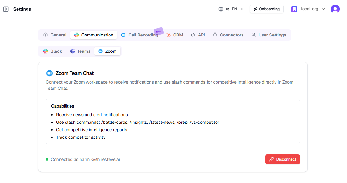 Zoom Team Chat integration card in Settings showing capabilities and connection status